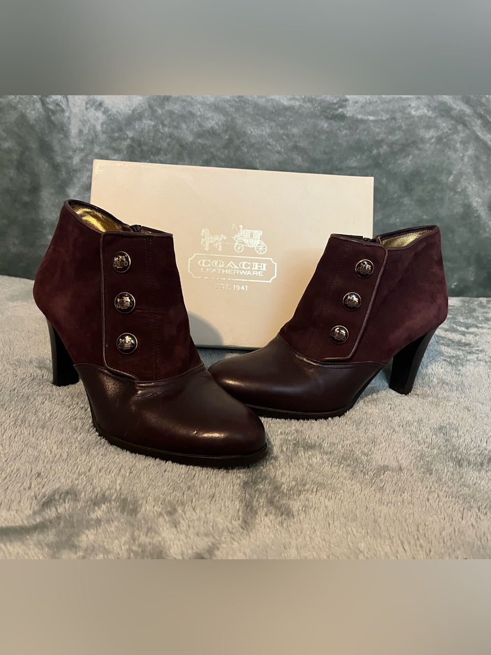 Coach Women's Burgundy Leather & Suede Button Ankle Booties